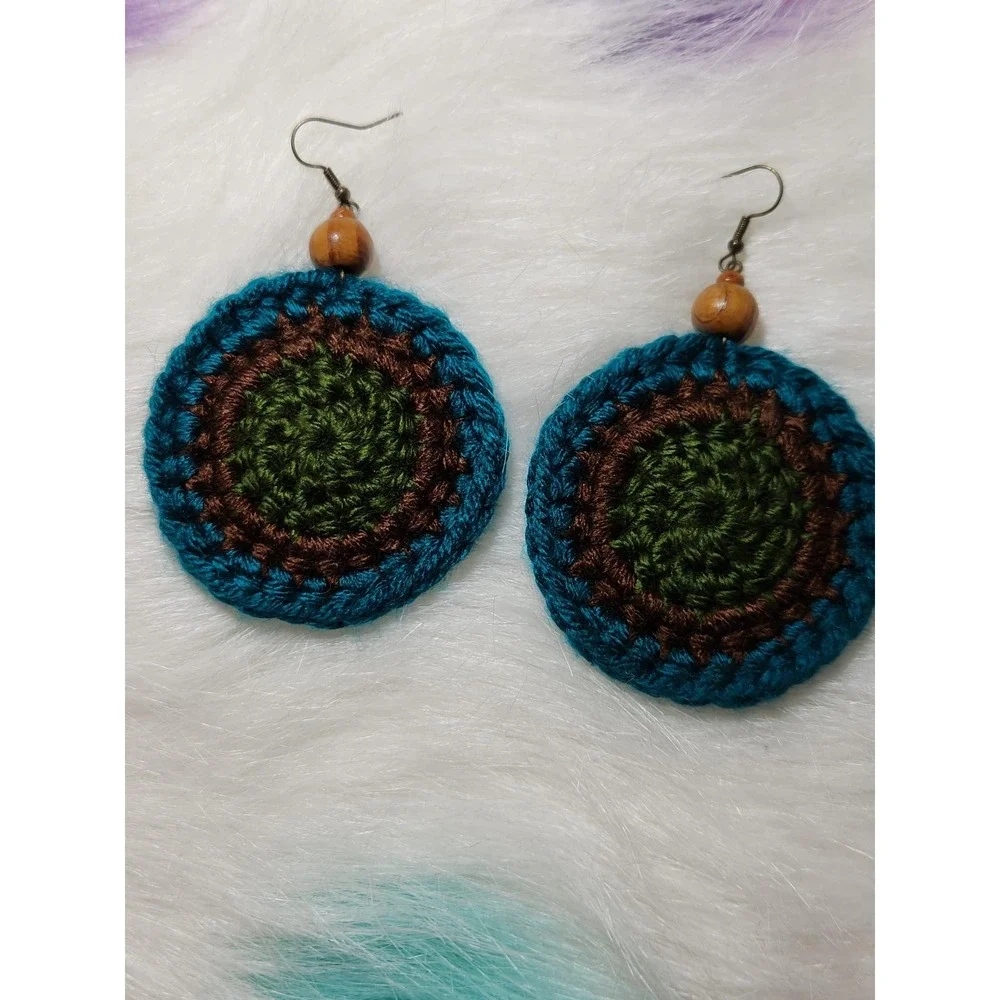 Round Crochet Earrings: Island Green Acrylic Yarn‎ with Wood Beads